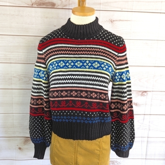 American Eagle Outfitters Knit Fair Isle Striped Turtleneck in Black Size Small - Picture 1 of 9